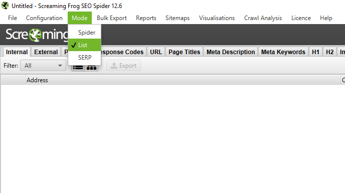 Выбор мода сканирования в Screaming Frog